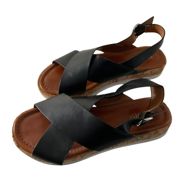 Nine West Shoes Womens Size 7.5 Black Cork Sandal Comfort Slip On Flat Leather - Picture 5 of 8